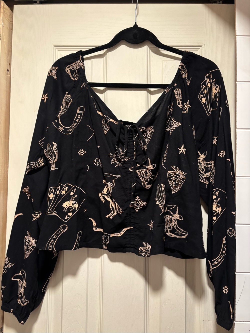 Womens Black Western Print Lace-Up Blouse